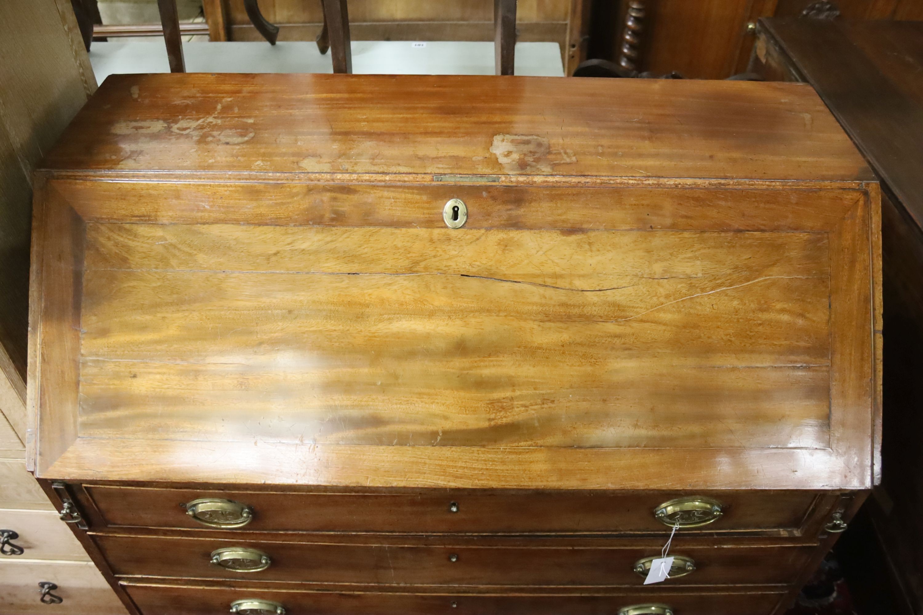 A George III mahogany bureau, width 107cm, depth 54cm, height 104cm